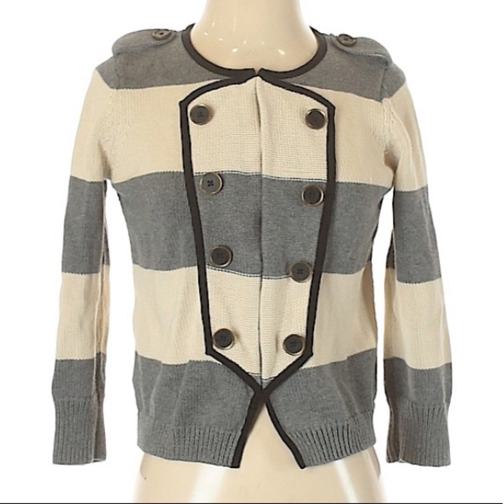 Ann Taylor LOFT Military-Inspired Gray & Ivort Striped Cotton Cardigan.
